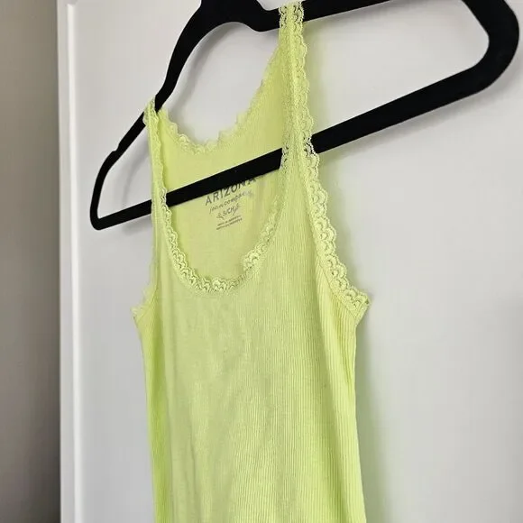 VTG Arizona Lime Green Ribbed Tank Top Lace Trim Sleeveless Cotton Cami‎ Y2K - Picture 3 of 7